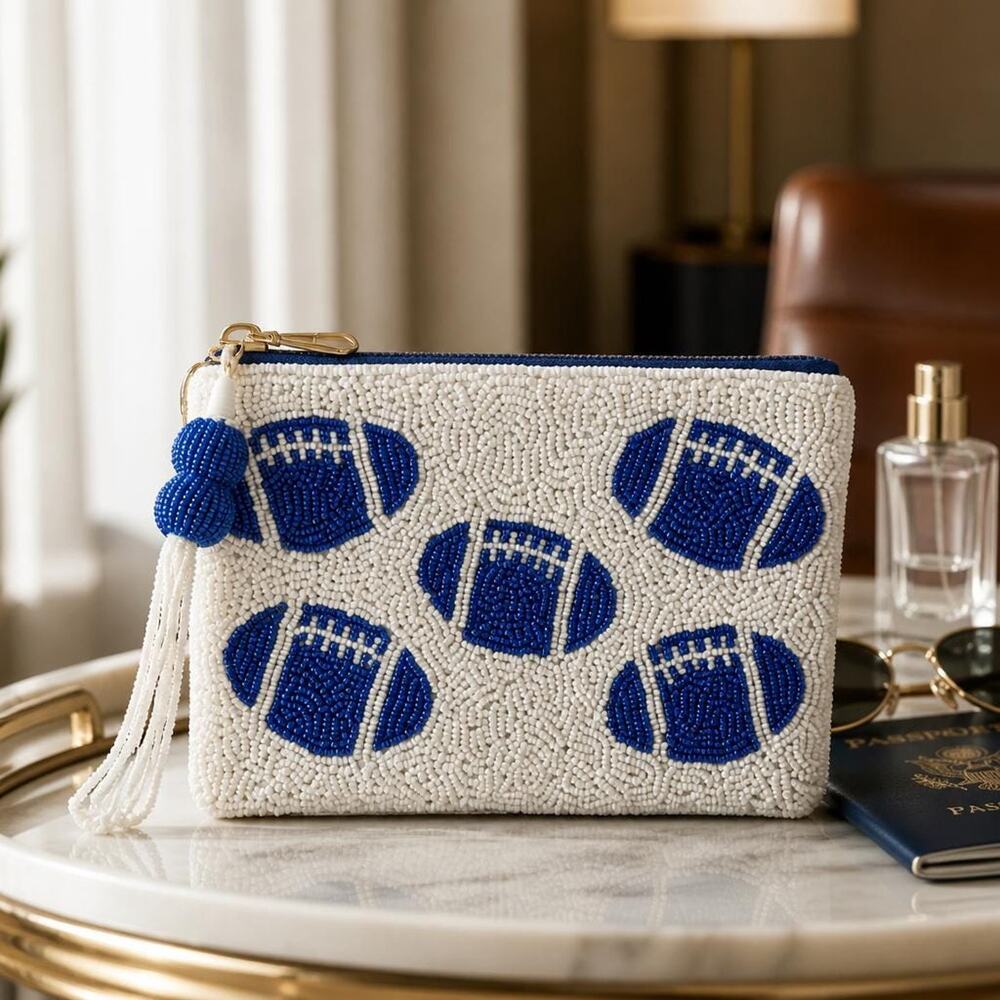 Handmade Wandering Moon beaded football Wristlet Clutch With A Tassel ,India